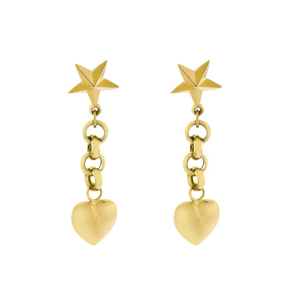 14K Yellow Gold Heart and Star Dangle Earrings